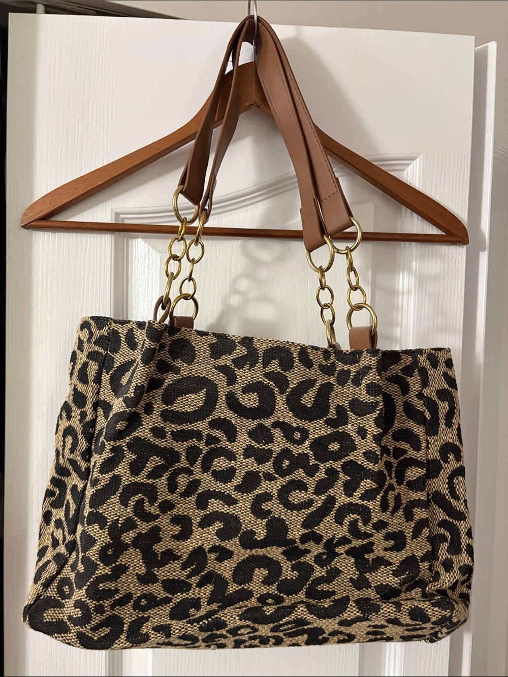 Leopard Print Tote Bag with Brown Straps